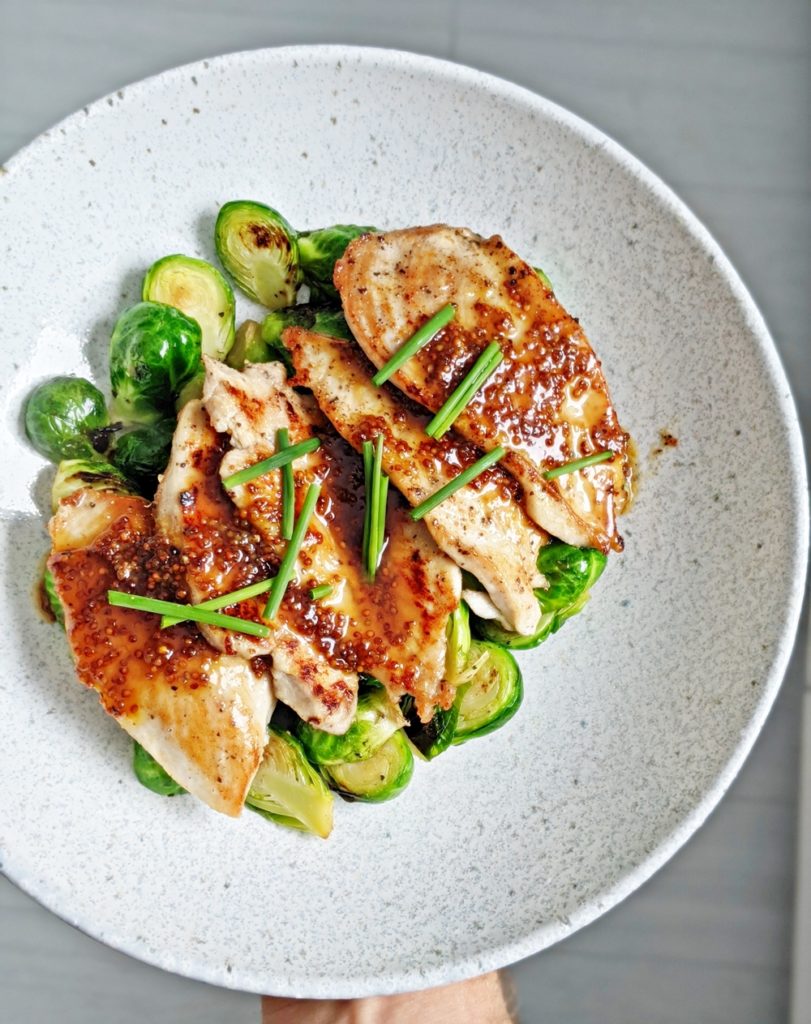 Chicken Scaloppini Brussel Sprouts Dijon Maple Sauce